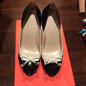 High heel ivory : black patent shoes